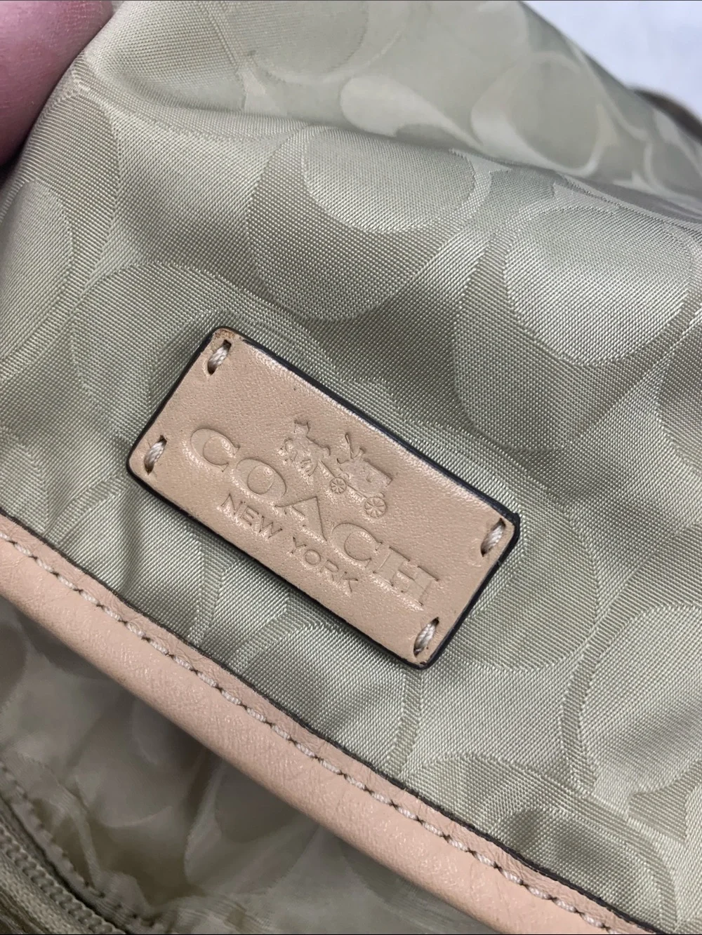 Coach Beige Signature Nylon Backpack with Natural Leather Trim